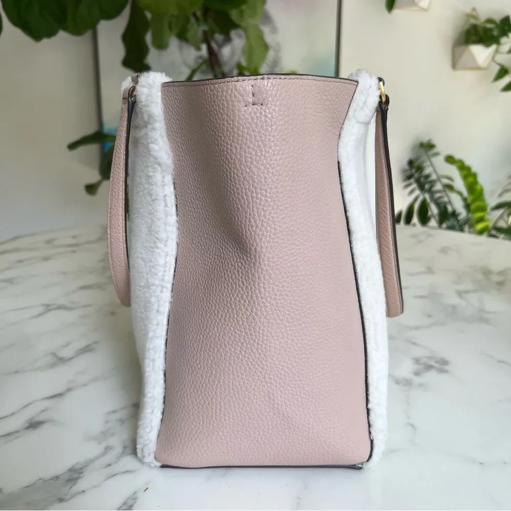 Tory Burch McGraw Shearling Fleece Fur & Leather Tote Bag Sand Beige Pink Ivory
